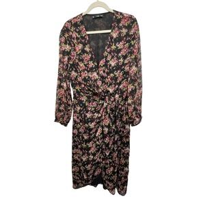 MNG Mango Floral Knot Front V-Neck‎ Midi Dress Black Pink Green Size 8
